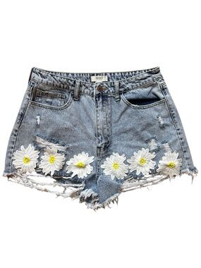 Forever 21 Frayed Blue Jean Shorts with White Daisy Accents